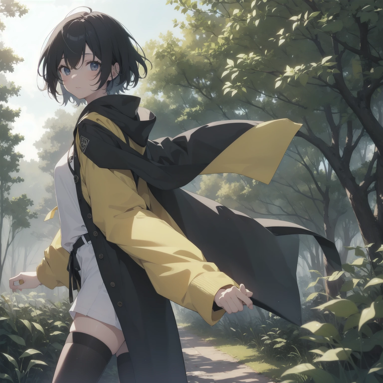 ultra-absurdres-Top quality by artist God, ultra-detailed, high resolution, anime moe artstyle, best anime 8k konachan wallpaper, pixiv contest winner, pool:2810, perfect anatomy,break, 1girl, kunoichi, ninja, (Please draw a ninja girl walking sleepily to forest alone. )break,(Solo,little female, 16-year-old:1.3),Full limbs, complete fingers,(very short hair), short cut, medium breasts, thighs, small butt, small black eyes, beautiful detailed eyes, well-proportioned iris and pupils, expressive eyes, highres detailed hair, expressionless,ninja clothes, bare arms, short kimono, short shorts, scarf, (Detailed Lighting), (Detailed background), night, in the forest. break,super detailed skin, Best cinematic lighting powered by famous artist, 8k,beauty illustration,photoshop_(medium),very aesthetic,break,((artist:creayus )), artist:clamp ,artist:carnelian ,artist:kantoku ,