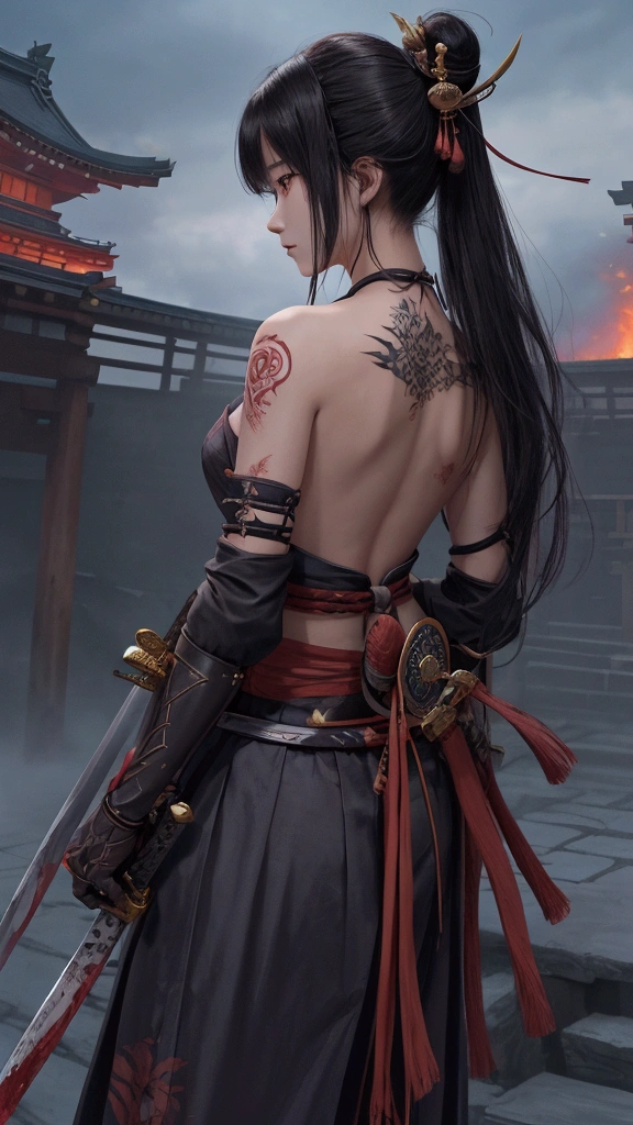 (Japanese sword &reference;Muramasa 2&reference;.2)Beautiful 27 year old woman、Japanese women、Tie your hair back、Hair ornament artist、Shinobi Costume、Warrior、Clear Eyes、{Arm tattoo(SakuraFubuki}'Back Tattoo、Warrior、(Japanese swordを両手で構える、1.3)(Japanese sword1.2)Intermediate position、In front of the body、(Hold the sword horizontally 1.3)、whole body、Long Blade Sword、Realistic battle scenes、敵Warriorの返りBlood、Blood、High resolution、Highest quality、Very detailed、8k、background、The castle is burning、Sparks fly、