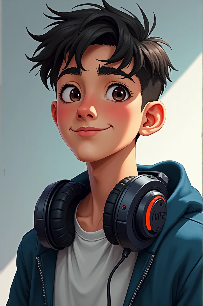 A boy who looks like a gamer in his mid-teens, wearing headphones around his neck.