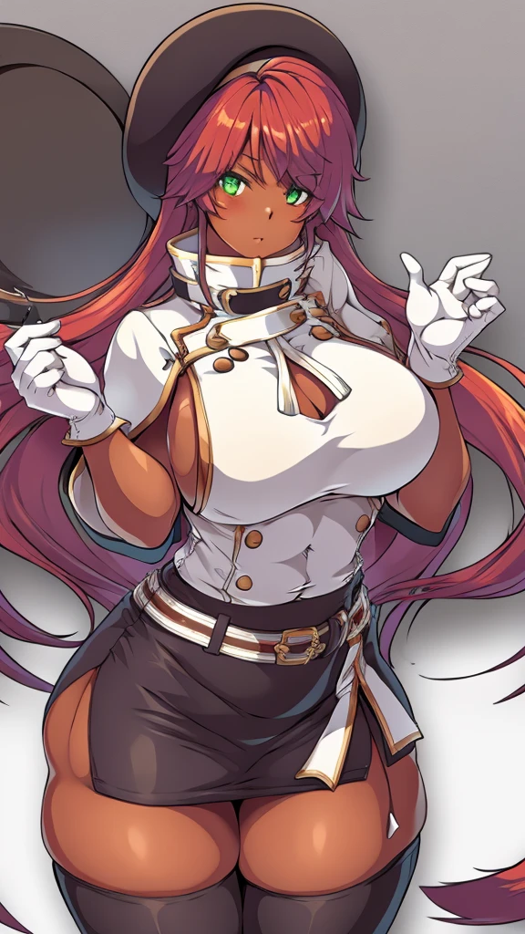 High detailed, masterpiece, High detailed, 1 girl, solo, red hair, yellow fringes, tanned skin , dark Green eyes, big busty, big buson, firm curvy body white shirt, , deep cleavage, Juliet sleeves, pencil skirt, black thighhighs, white gloves, tall, serious, Mini beret