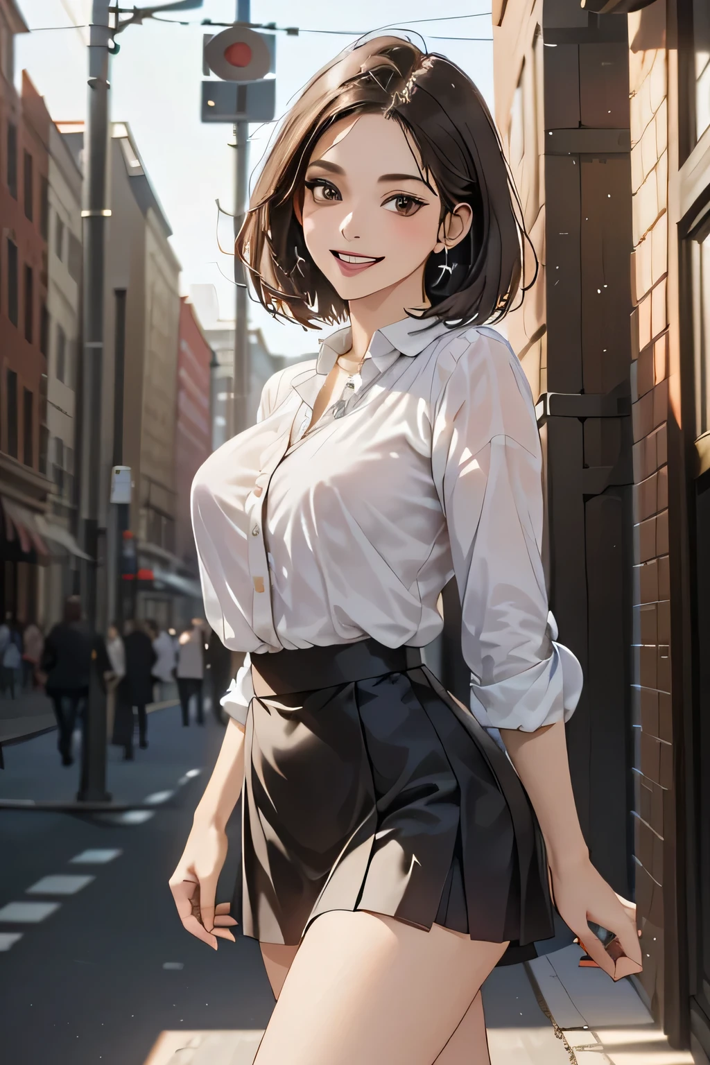 (masterpiece:1.2, Highest quality), (practical, photopractical:1.4), High quality illustrations, (Natural Side Light, Cinema Lighting), Surrealism,
View your viewers, 1 female, 40 years old, Perfect Face, Glowing Skin,
(short hair, Straight hair), Brown eyes, Long eyelashes, (Large Breasts, Attractive thighs)
Beautiful Hair, Beautiful Face, Attention to detail, Beautiful body, Beautiful breasts, Beautiful thighs, Beautiful legs, Beautiful fingers,
(Wearing a blouse with a random color and a short skirt.),
(Beautiful views), night, (street:1.2), walk, Sexy pose, (Charming smile, Open your lips slightly)