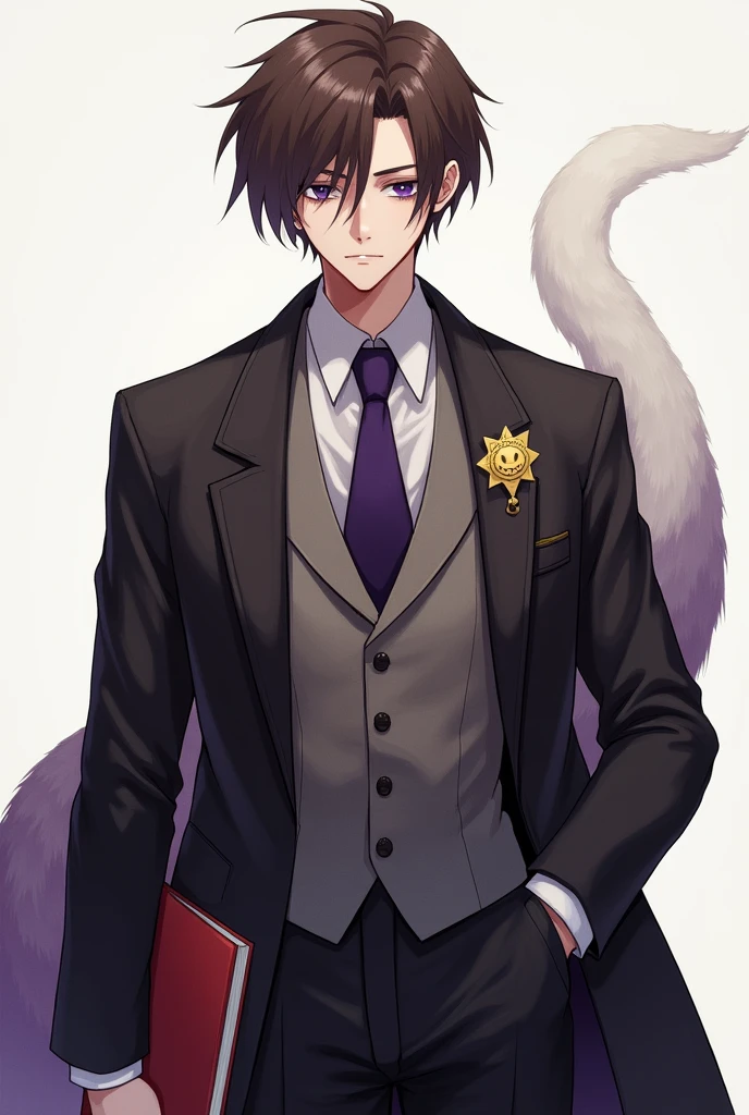 Brown-haired man。His short hair is very outward-swept, primarily to the right。He has a squinty but slightly upward-slanting gaze with amethyst-purple eyes。Having eyes that appear listless、lack much expression。He is wearing a suit that gives off a stiff atmosphere。He is wearing a white dress shirt with a plain purple tie, over which he is wearing a purple waistcoat with a white and brown diagonal check pattern, over which he is wearing a jacket that is a shade between black and purple, with purple buttons.。His trousers are made of stiff fabric in a color that is somewhere between black and purple。He has a gold metal pin badge with a smiling face on his left breast pocket, with a soft, animal-like tail that has a white to purple gradient。The shoes are gentleman's light brown loafers。His jacket is open, revealing a waistcoat。He is holding a red book。