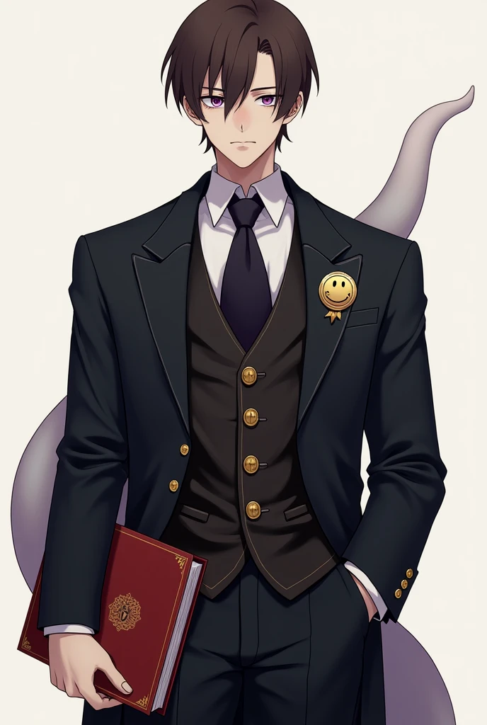 Brown-haired man。His short hair is very outward-swept, primarily to the right。He has a squinty but slightly upward-slanting gaze with amethyst-purple eyes。Having eyes that appear listless、lack much expression。He is wearing a suit that gives off a stiff atmosphere。He is wearing a white dress shirt with a plain purple tie, over which he is wearing a purple waistcoat with a white and brown diagonal check pattern, over which he is wearing a jacket that is a shade between black and purple, with purple buttons.。His trousers are made of stiff fabric in a color that is somewhere between black and purple。He has a gold metal pin badge with a smiling face on his left breast pocket, with a soft, animal-like tail that has a white to purple gradient。The shoes are gentleman's light brown loafers。His jacket is open, revealing a waistcoat。He is holding a red book。