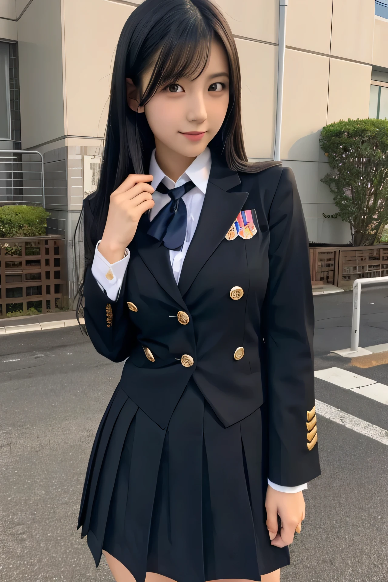 Japanese high school girl. Shiny black hair. long straight. Big boobs. uniform.