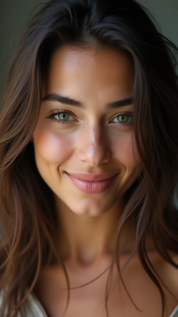 cute beautiful brunette, hispanic, fukk body, perfect angle, very detailed, 25 years old, flirty face, messy long hair, green eyes, high-res, masterpiece, best quality, intricate details, highly detailed, sharp focus, detailed skin, realistic skin texture, detailed eyes, professional, 4K, smile, shot on Canon