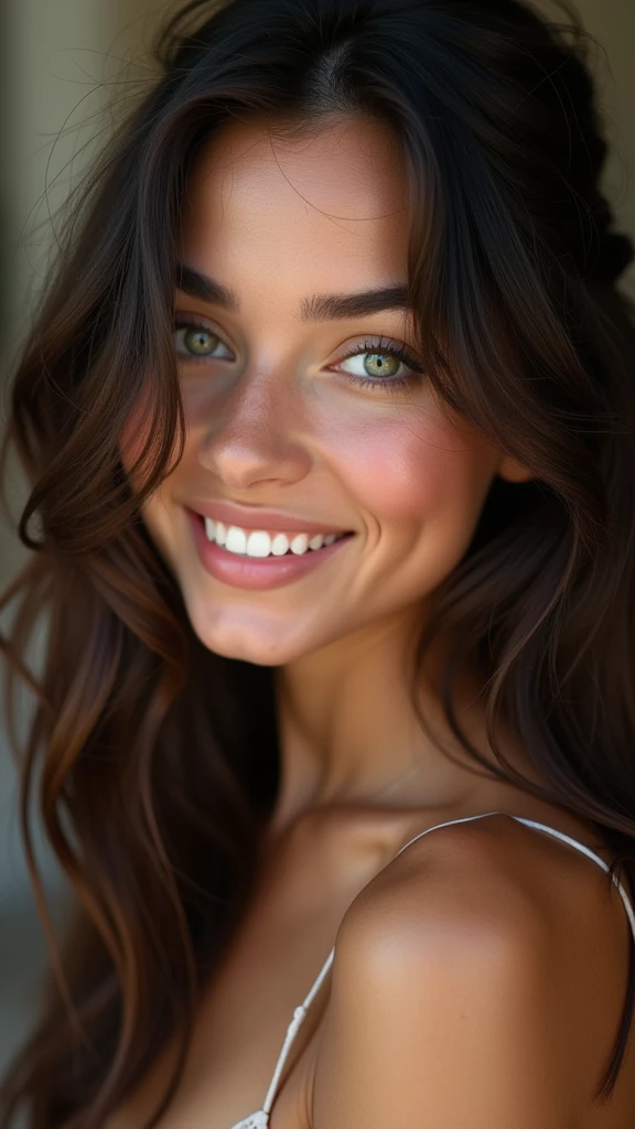 cute beautiful brunette, hispanic, fukk body, perfect angle, very detailed, 25 years old, flirty face, messy long hair, green eyes, high-res, masterpiece, best quality, intricate details, highly detailed, sharp focus, detailed skin, realistic skin texture, detailed eyes, professional, 4K, smile, shot on Canon