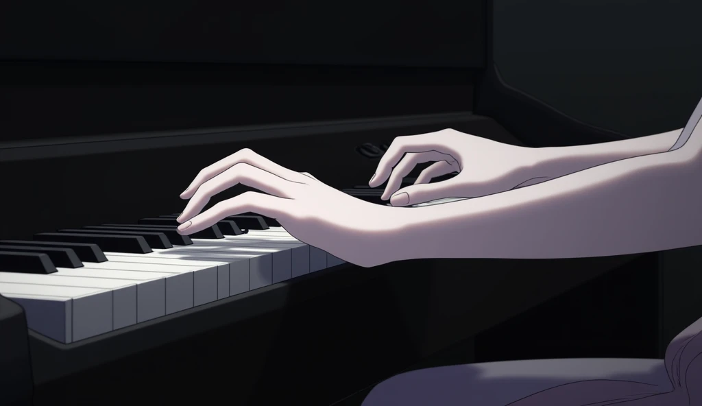 Close-up of hands playing the keyboard,Girl's hands,White skin,No sleeves,Pale white light,Dark Room,Anime Style,animation,Japanese anime,High resolution, 