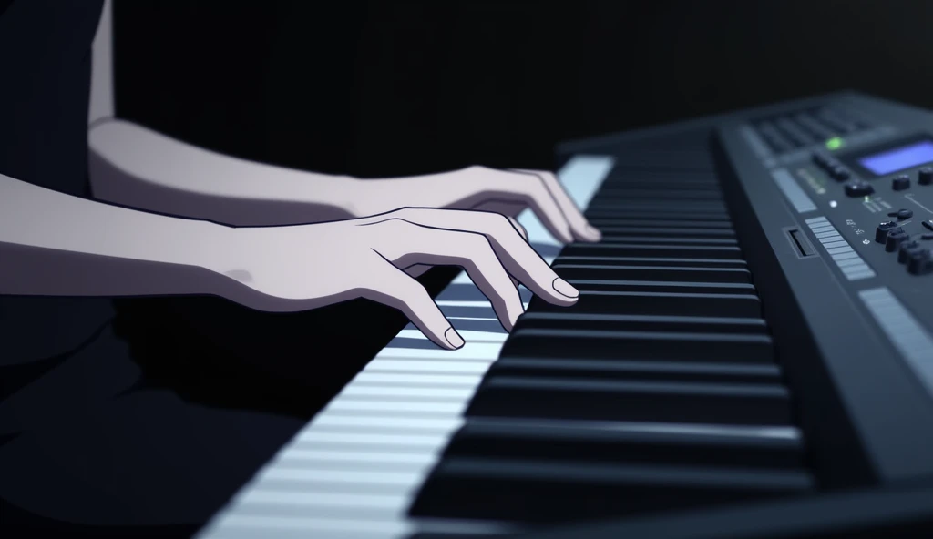 Close-up of hands playing the keyboard,Girl's hands,White skin,No sleeves,Pale white light,Dark Room,Anime Style,animation,Japanese anime,High resolution, 