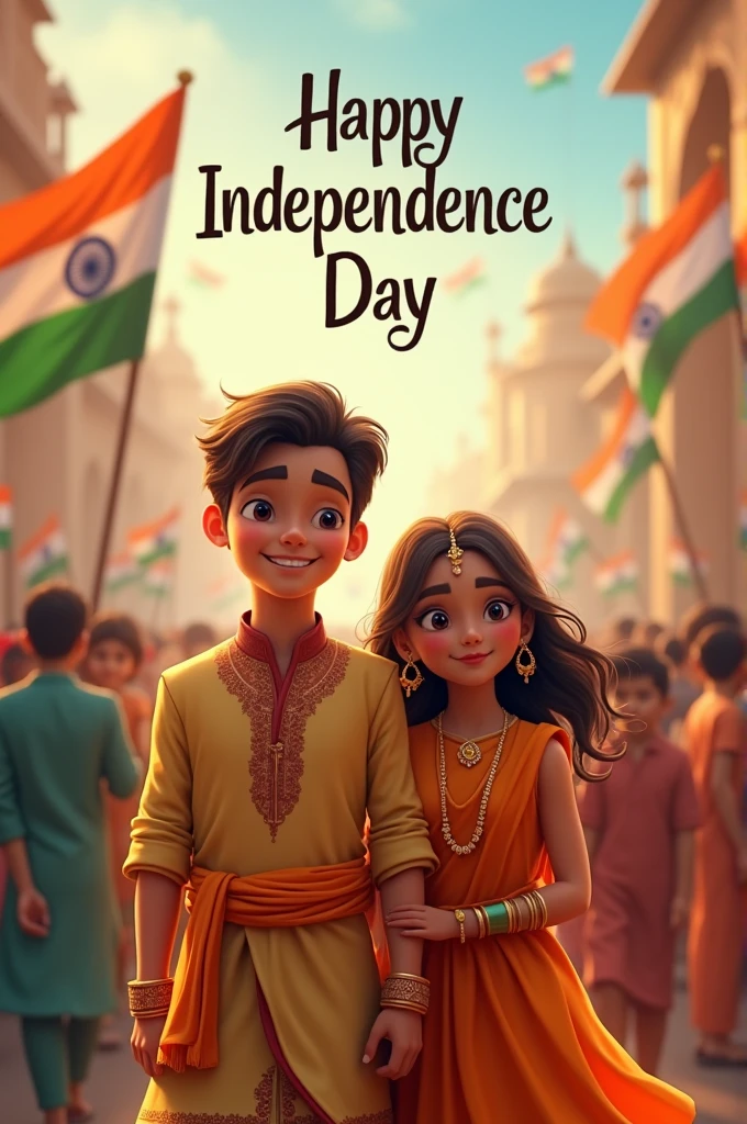 real young couple, Mabud and Sariya stand together, both 20 years old, joyfully celebrate Indian Independence Day. They are wearing indian outfits and Mabud name is written on boy's outfit and Sariya written on girl's outfit. Above them, in the sky, the words "Happy Independence Day" are displayed in a bold font. The backdrop is filled with people celebrating, enhancing the festive and patriotic spirit of the day.make sure text should be correct.