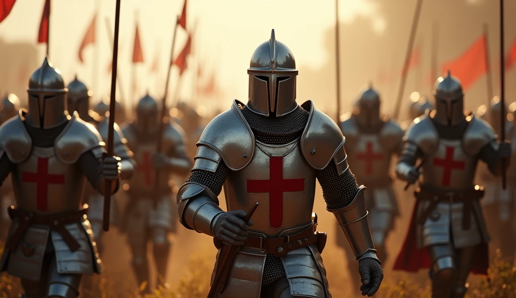 A highly realistic, high-contrast, 8K HD, detailed, hyper-detailed image of Crusader knights charging forward in response to the call of a war horn. The knights, wearing steel armor with red crosses on their tunics, are united in their resolve as they advance with determination. The sound of the war horn echoes through the air, accompanied by the distant clashing of swords and the shouts of battle. The atmosphere is filled with intensity and anticipation, capturing the raw energy of the Crusaders as they prepare to engage the enemy. The image is of the highest quality, with ultra-high resolution, RAW photo quality, and Unreal Engine rendering, showcasing the strength and unity of the Crusaders as they charge into battle.
