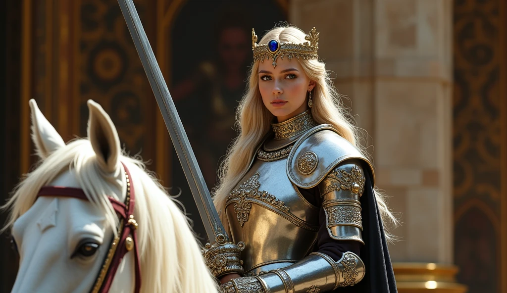 In the image, a white woman with long, flowing blonde hair wears ornate plate armor and gauntlet with silver and gold arabesque trim. On her head, a gold tiara with a large sapphire. She is mounted on a majestic white horse, both adorned in armor. The woman holds a extra long flanberge, exuding elegance and strength. Dramatic lighting highlights the opulence of the scene, with a regal background enhancing the grandeur. extreme wide shot, the whole halberd in frame.
