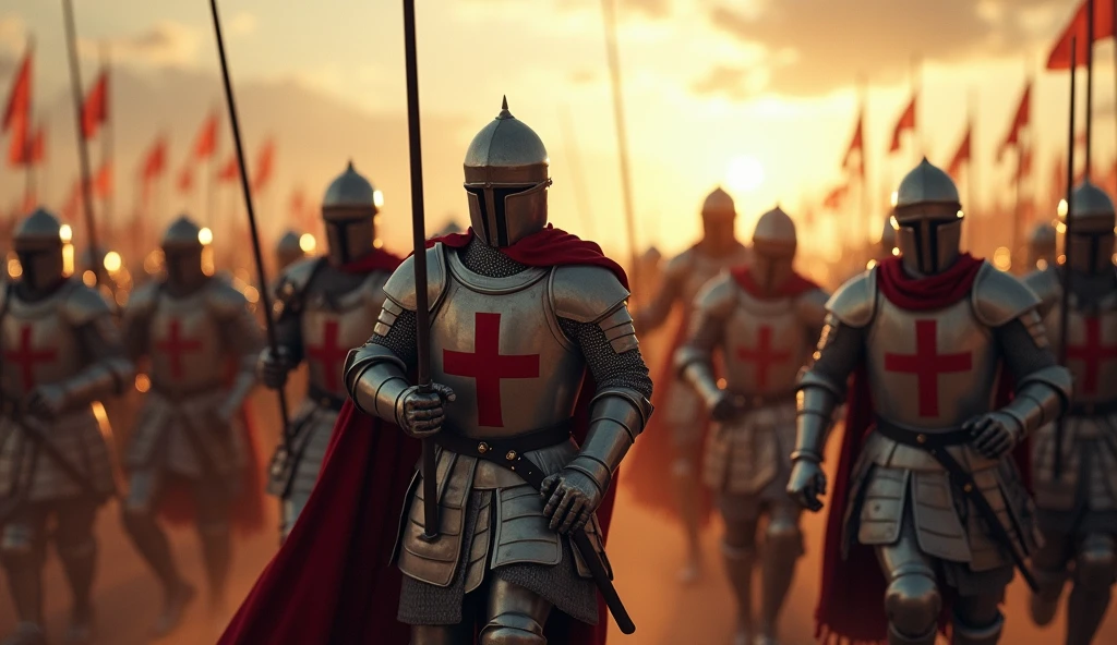 A highly realistic, high-contrast, 8K HD, detailed, hyper-detailed image of Crusader knights charging forward in response to the call of a war horn. The knights, wearing steel armor with red crosses on their tunics, are united in their resolve as they advance with determination. The sound of the war horn echoes through the air, accompanied by the distant clashing of swords and the shouts of battle. The atmosphere is filled with intensity and anticipation, capturing the raw energy of the Crusaders as they prepare to engage the enemy. The image is of the highest quality, with ultra-high resolution, RAW photo quality, and Unreal Engine rendering, showcasing the strength and unity of the Crusaders as they charge into battle.
