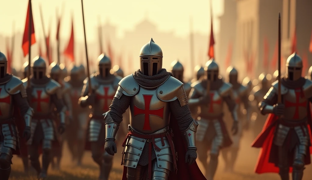 A highly realistic, high-contrast, 8K HD, detailed, hyper-detailed image of Crusader knights charging forward in response to the call of a war horn. The knights, wearing steel armor with red crosses on their tunics, are united in their resolve as they advance with determination. The sound of the war horn echoes through the air, accompanied by the distant clashing of swords and the shouts of battle. The atmosphere is filled with intensity and anticipation, capturing the raw energy of the Crusaders as they prepare to engage the enemy. The image is of the highest quality, with ultra-high resolution, RAW photo quality, and Unreal Engine rendering, showcasing the strength and unity of the Crusaders as they charge into battle.
