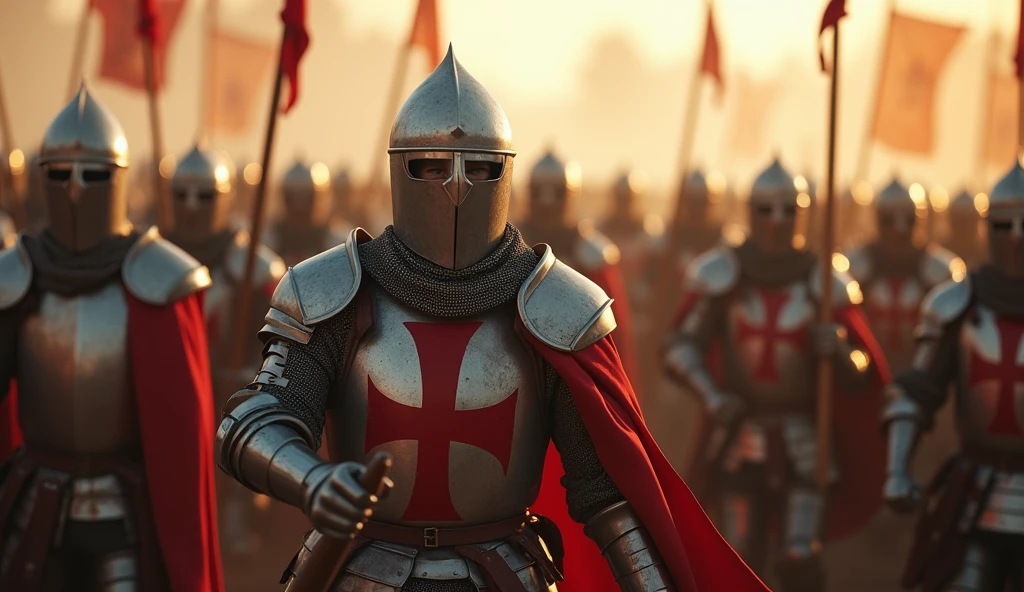 A highly realistic, high-contrast, 8K HD, detailed, hyper-detailed image of Crusader knights charging forward in response to the call of a war horn. The knights, wearing steel armor with red crosses on their tunics, are united in their resolve as they advance with determination. The sound of the war horn echoes through the air, accompanied by the distant clashing of swords and the shouts of battle. The atmosphere is filled with intensity and anticipation, capturing the raw energy of the Crusaders as they prepare to engage the enemy. The image is of the highest quality, with ultra-high resolution, RAW photo quality, and Unreal Engine rendering, showcasing the strength and unity of the Crusaders as they charge into battle.