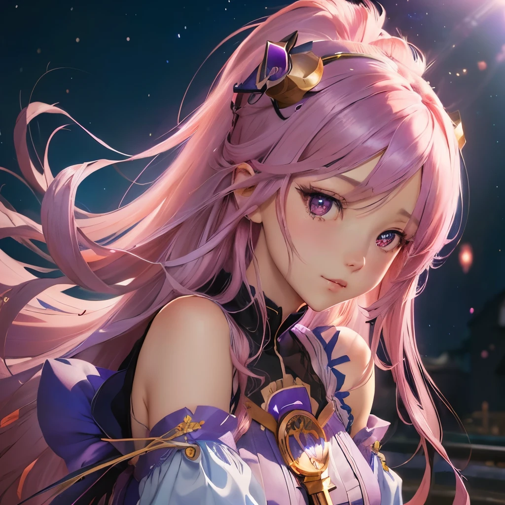 (((Masterpiece))), ((Ultra detailed, top quality, high resolution, cinematic lighting, glitter, glitter, lens flare, light particles, glowing tones, 8k wallpapers, beautiful clothes,)), (1 girl) ((pink hair, long hair, straight hair))(two side up, green eyes) Girl 18 years old (green eyes with both sides up), eyeshadow, eyeliner, glow eyes, super detailed eyes, complex eyes, beautiful eyes, best lighting, detailed eyes, (star-shaped pupils, glowing pink pupils)).
