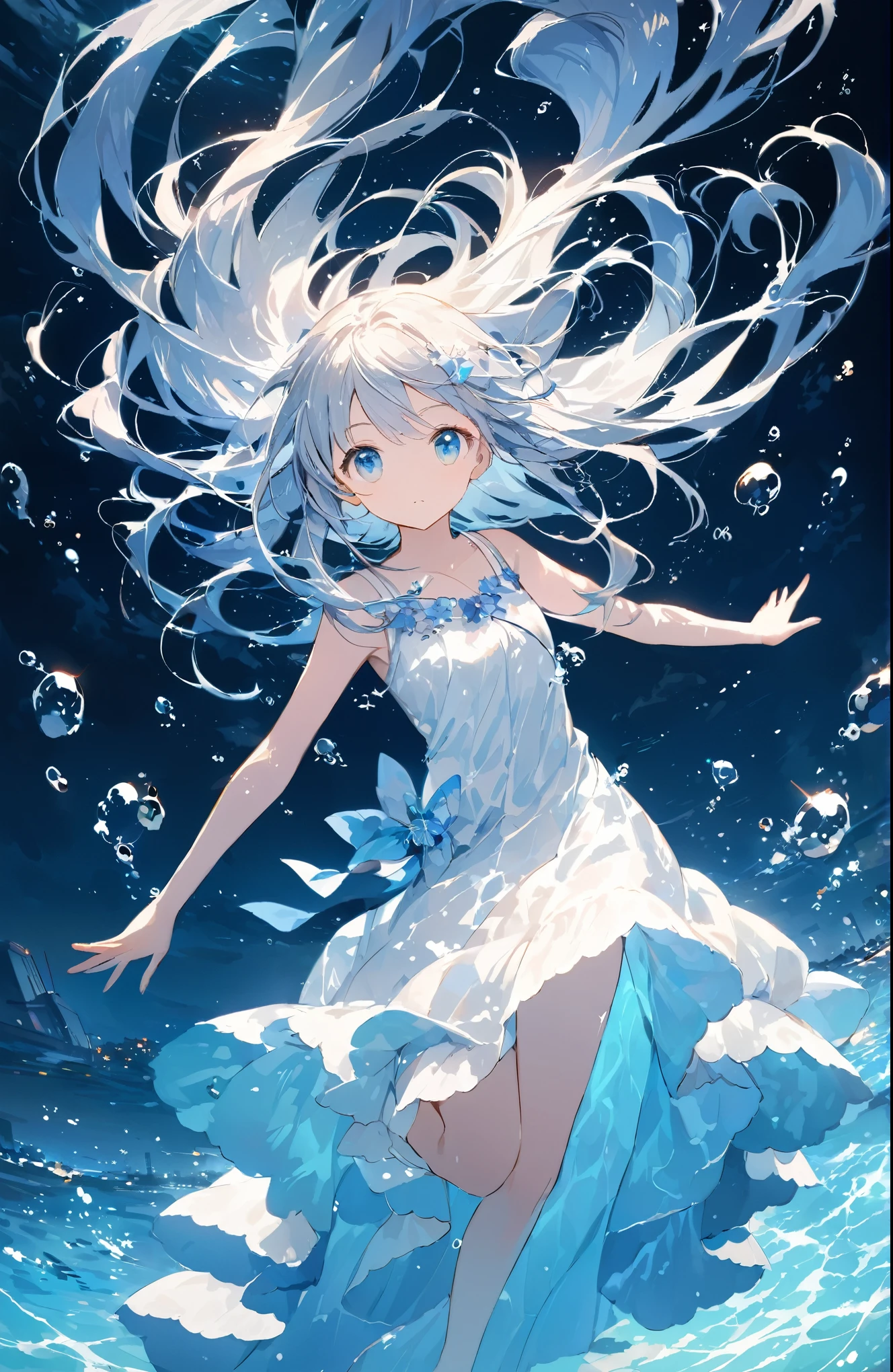 ((Amazingly absurd)),超High resolution, Attention to detail, high quality, High resolution, 最high quality, 4K, 8k、The protagonist is a girl in her early teens,The girl's appearance is slender and delicate,Characterized by large eyes and long hair,The girl is wearing a underwater propulsion device、Graceful swimming motion,The girl's expression is full of curiosity and a spirit of exploration,Incorporate delicate expressions in the girl's gestures and poses,Depict the girl's hair and clothes swaying gracefully underwater,Pay attention to the appearance of the city ahead of the girl's gaze