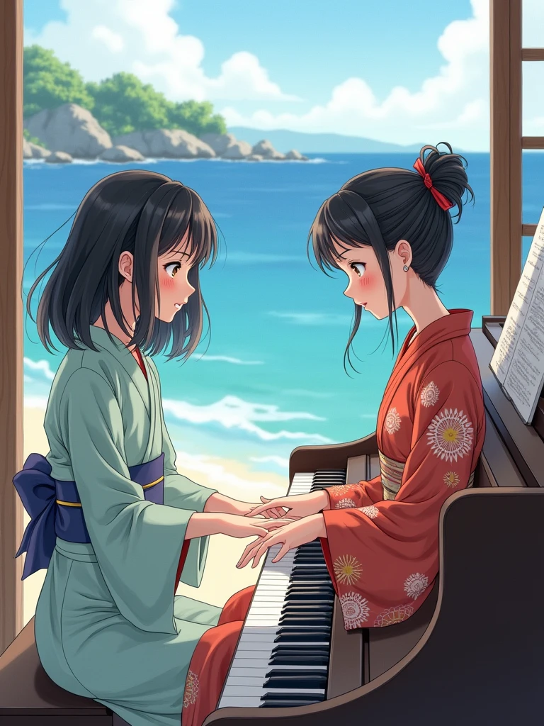 Japanese two girls love seand piano