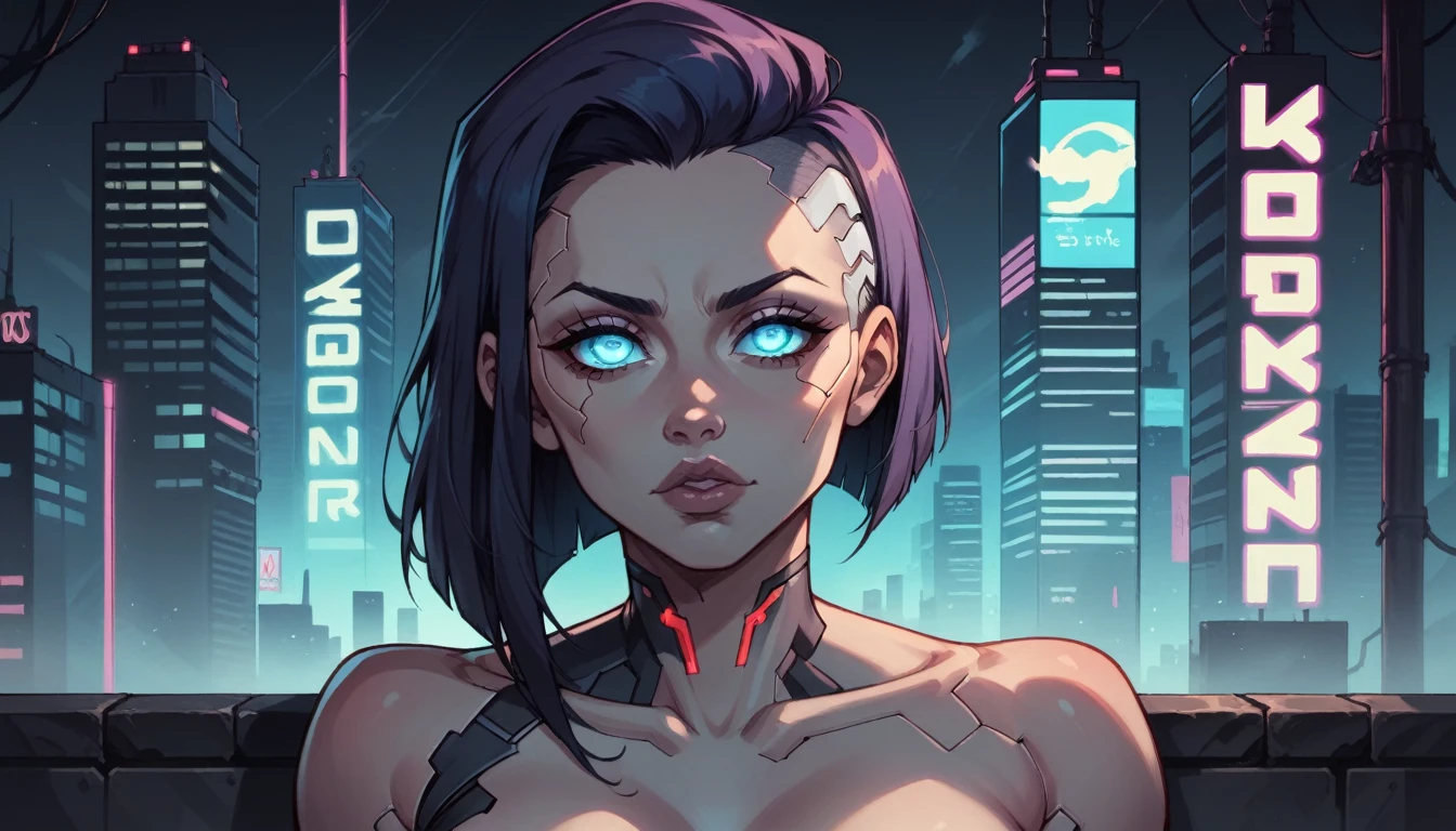  lucy from cyberpunk, full standing nude body beautiful detailed eyes, beautiful detailed lips, detailed face and skin, long eyelashes, dark hair, neon cyberpunk city background, intricate cybernetic implants, glowing neon lights, futuristic cityscape, dark moody lighting, blue and purple color tones, cinematic composition