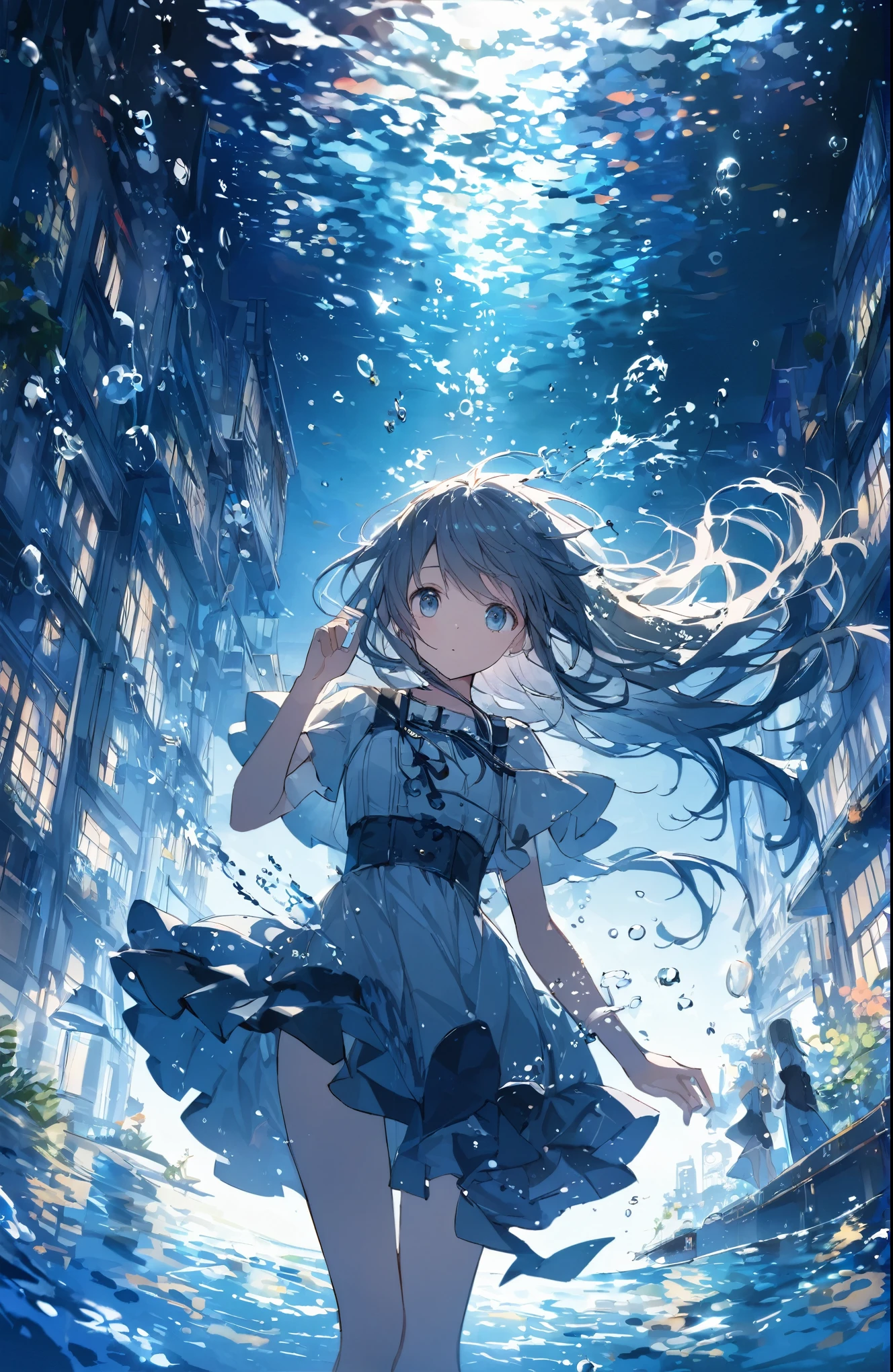 ((Amazingly absurd)),超High resolution, Attention to detail, high quality, High resolution, 最high quality, 4K, 8k、The protagonist is a girl in her ,The girl's appearance is slender and delicate,Characterized by large eyes and long hair,The girl is wearing a underwater propulsion device、Graceful swimming motion,The girl's expression is full of curiosity and a spirit of exploration,Incorporate delicate expressions in the girl's gestures and poses,Depict the girl's hair and clothes swaying gracefully underwater,Pay attention to the appearance of the city ahead of the girl's gaze