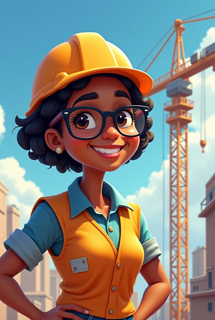 Create a Disney-style image of a civil engineer with brown skin and glasses, with a tower crane in the background.