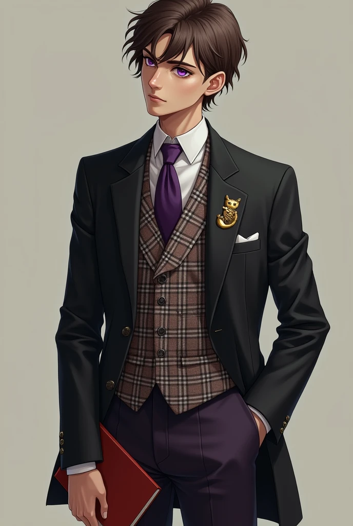 Brown-haired man。His short hair is very outward-swept, primarily to the right。He has a squinty but slightly upward-slanting gaze with amethyst-purple eyes。Having eyes that appear listless、lack much expression。He is wearing a suit that gives off a stiff atmosphere。He is wearing a white dress shirt with a plain purple tie, over which he is wearing a purple waistcoat with a white and brown diagonal check pattern, over which he is wearing a jacket that is a shade between black and purple, with purple buttons.。His trousers are made of stiff fabric in a color that is somewhere between black and purple。He has a gold metal pin badge with a smiling face on his left breast pocket, with a soft, animal-like tail that has a white to purple gradient。The shoes are gentleman's light brown loafers。His jacket is open, revealing a waistcoat。He is holding a red book。