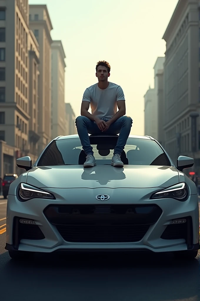 A man sit on the car hud