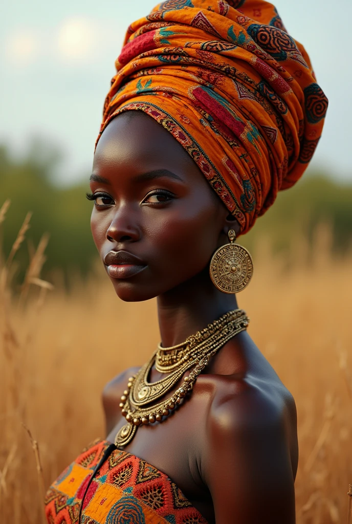 Femme africaine senegalaise ((Meilleure qualité)), ((chef-d&#39;œuvre)), (ultra-détaillé), Haute qualité, Habillée en tenue africaine et pas sexy avec un foulard mode africaine  ,détails complexes, éclairage naturel, En plein air dans la savane africaine, couleurs chaudes, (bokeh), (mise au point nette sur les yeux), (Visage très détaillé, Texture de la peau),full body