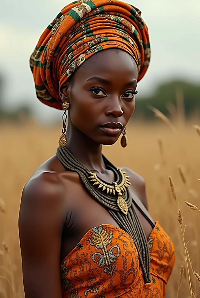 Femme africaine senegalaise ((Meilleure qualité)), ((chef-d&#39;œuvre)), (ultra-détaillé), Haute qualité, Habillée en tenue africaine et pas sexy avec un foulard mode africaine  ,détails complexes, éclairage naturel, En plein air dans la savane africaine, couleurs chaudes, (bokeh), (mise au point nette sur les yeux), (Visage très détaillé, Texture de la peau),full body