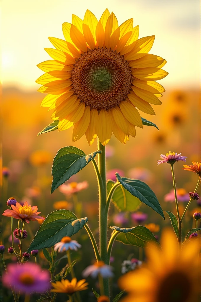 Place a bright sunflower in the center of a field of flowers where it stands out above all the flowers, being the most beautiful.