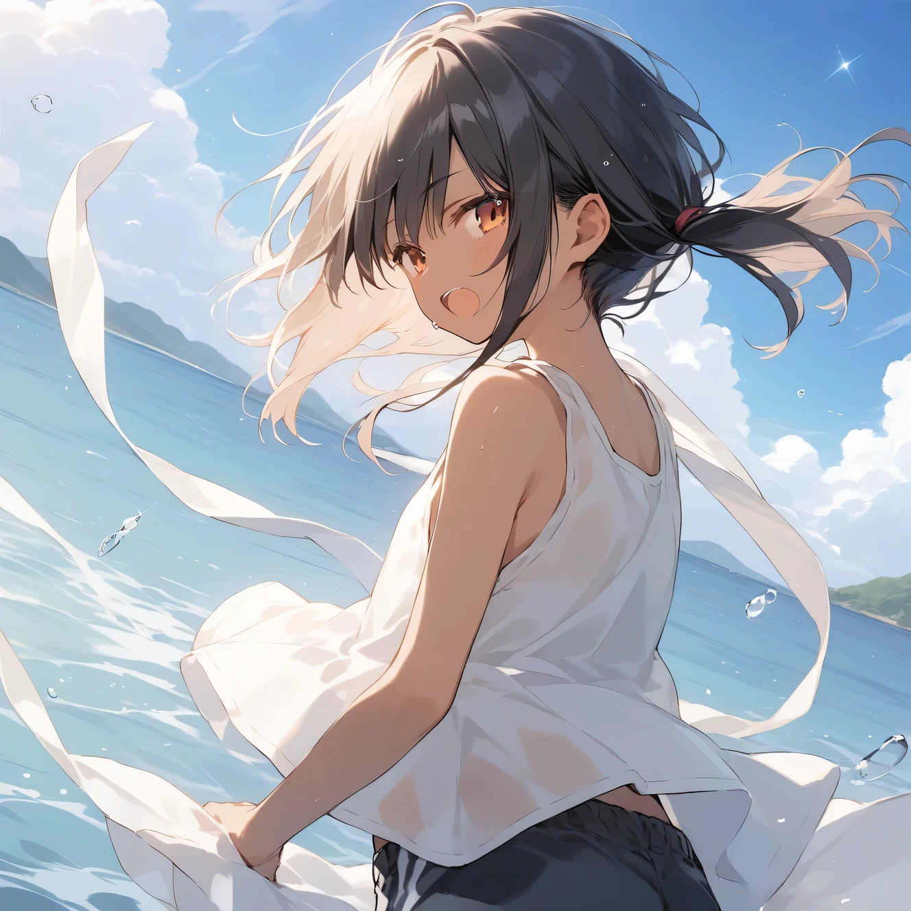 score_9, score_8_up, score_7_up, source_anime, best quality, masterpiece, official art, absurdres, highres, ultra-detailed,waifu2x,Collection: Slice of Life,break,1girl, tomboy, dark-skinned female, short hair, low ponytail, flat chest, beautiful detailed eyes, shorts, sweat, open mouth, (yawn:0.3), sleepily, outdoors, wind,break,(clear line illustration:1.2), super detailed skin,very high resolution, very aesthetic, Best sexual lighting powered by famous artist, 8k,cute picture,beauty illustration,photoshop_(medium),,(Detailed Lighting),best anime 8k konachan wallpaper, pixiv contest winner,