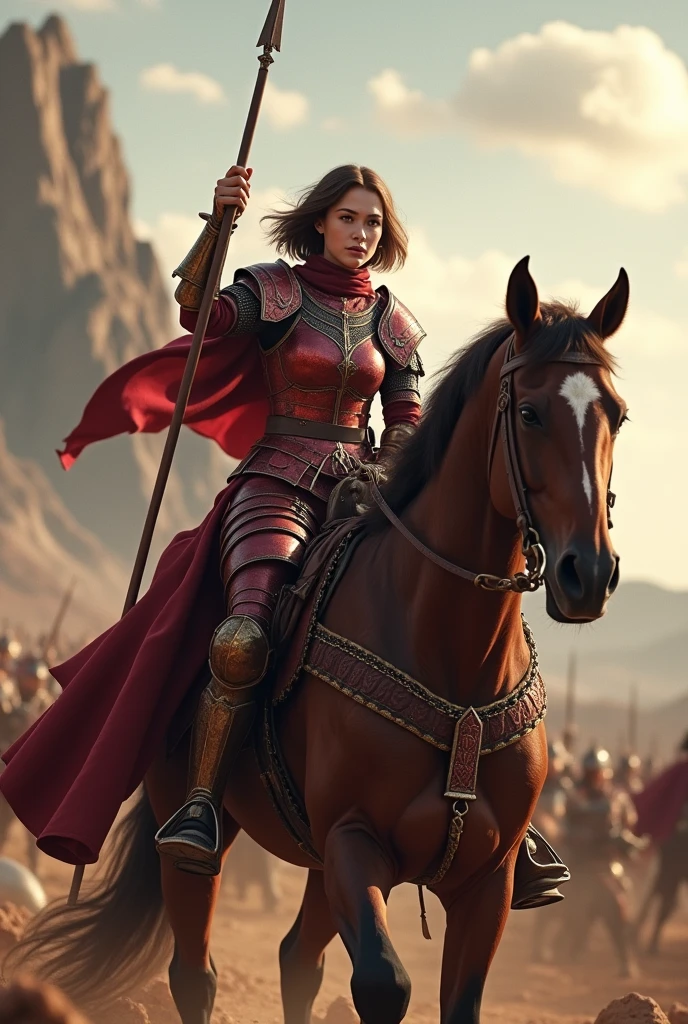 Ultra-realistic, 4k, beautiful woman, brown hair, short hair, wine-red armor, on horseback, big spear, clear eyes, cute face, realistic, realistic, ultra-clear, war, epic battlefield