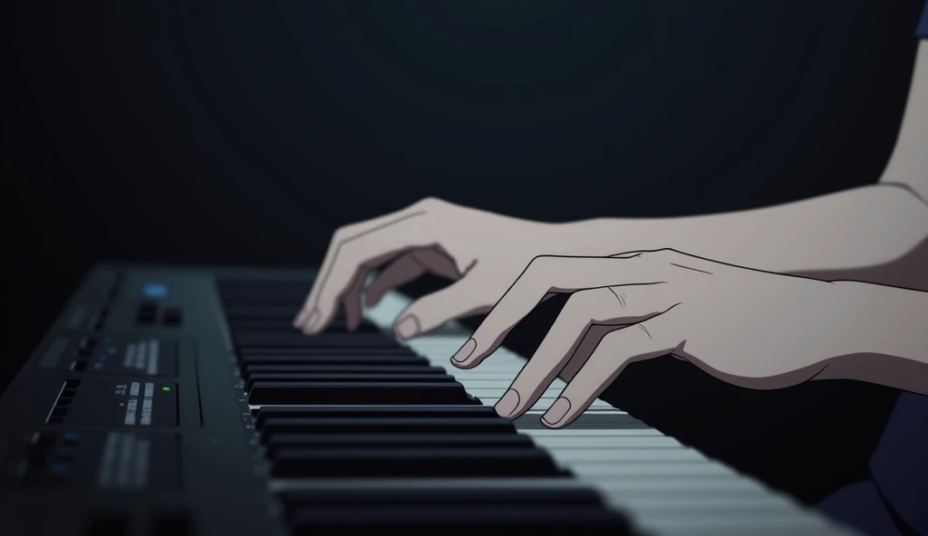 Close-up of hands playing on a desktop keyboard,Girl's hands,White skin,No sleeves,Pale white light,Dark Room,Anime Style,animation,Japanese anime,High resolution, 