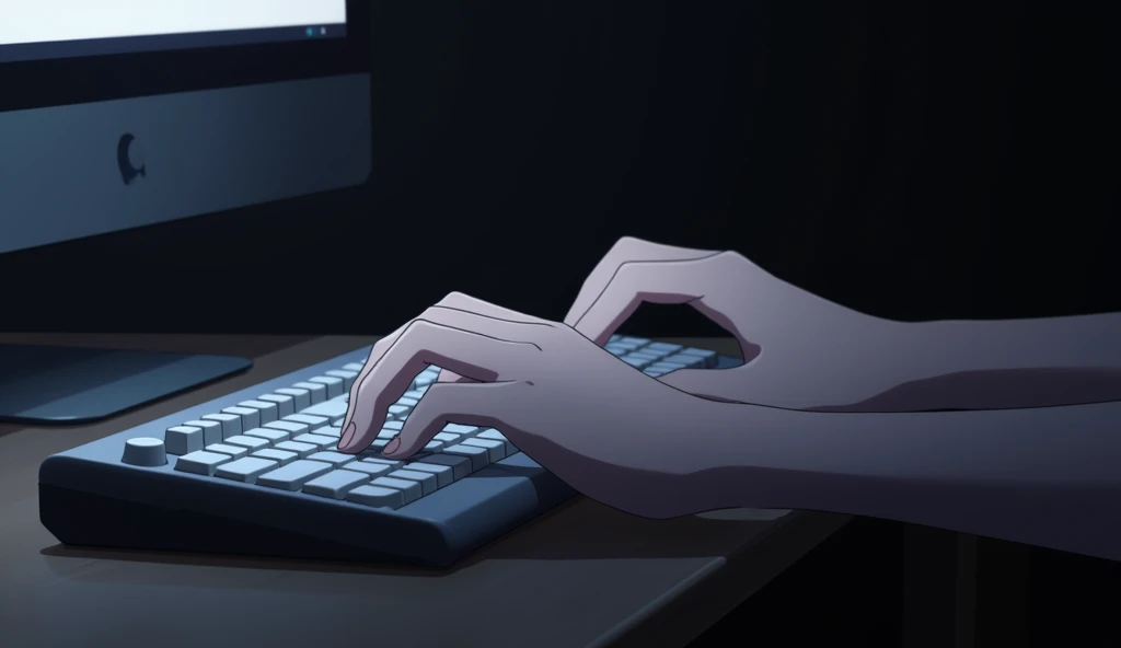Close-up of hands playing on a desktop keyboard,Girl's hands,White skin,No sleeves,Pale white light,Dark Room,Anime Style,animation,Japanese anime,High resolution,