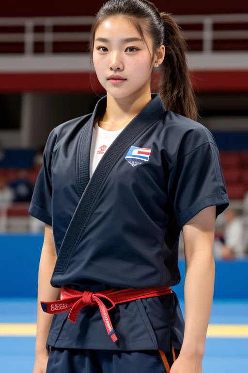 Korean, ultrarealistic, 18 year old woman, thin, strikingly beautiful, delicate facial features, porcelain skin, expressive eyes, big breasts,  {{A girl black eyes}}, brown hair, long hair, ponytail hairstyle, judo athlete clothes), full body, Judo combat pose, standing, she is in a judo arena, France Olympics 2024//digital art, professional style, detailed image, detailed skin, realistic eyes, extremely beautiful woman, {{{{{{{{{{{{{{quality of the masterpiece}}}}}}}}}}}}}}, light particles, attractive image.