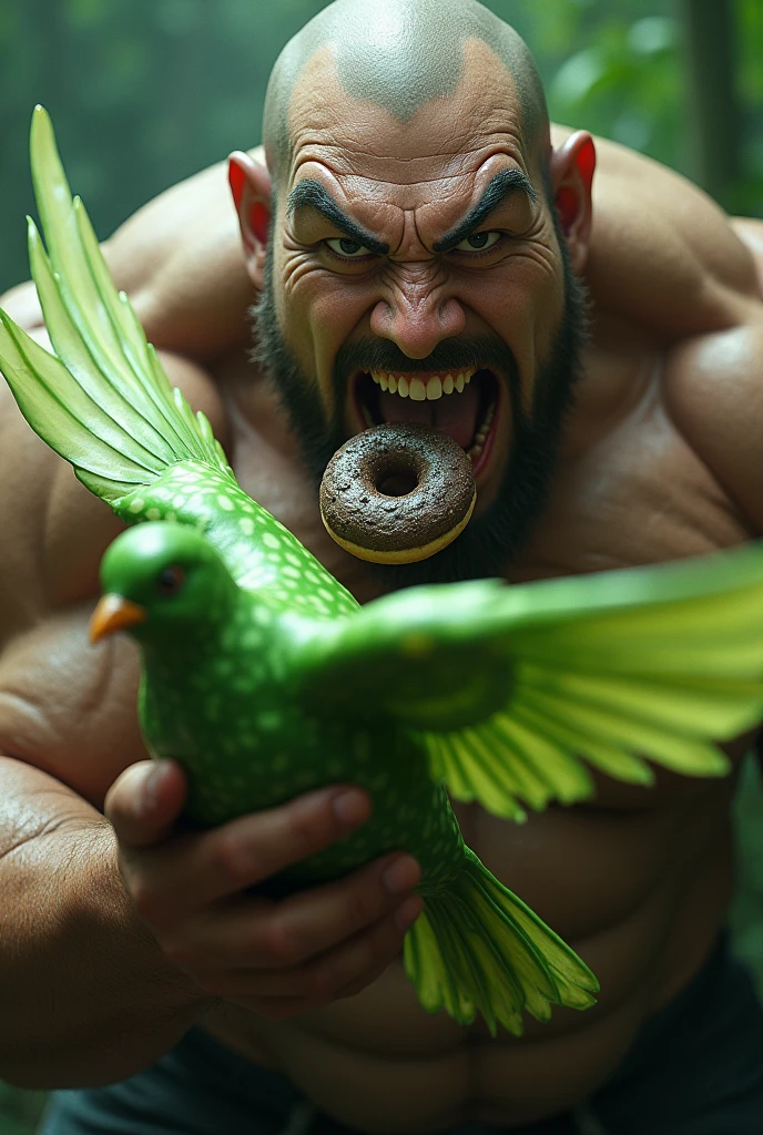 an extremely strong person, with a maniacal face, with a dove made of green bamboo, the texture of the dove is green bamboo. This person is also eating this chocolate donut with the other hand
