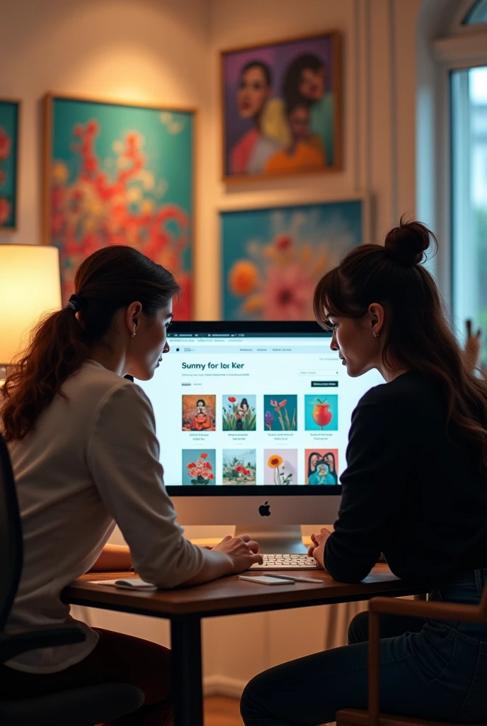 Mousumi and a renowned artist working together on a computer, setting up an online store with her paintings displayed on the screen.