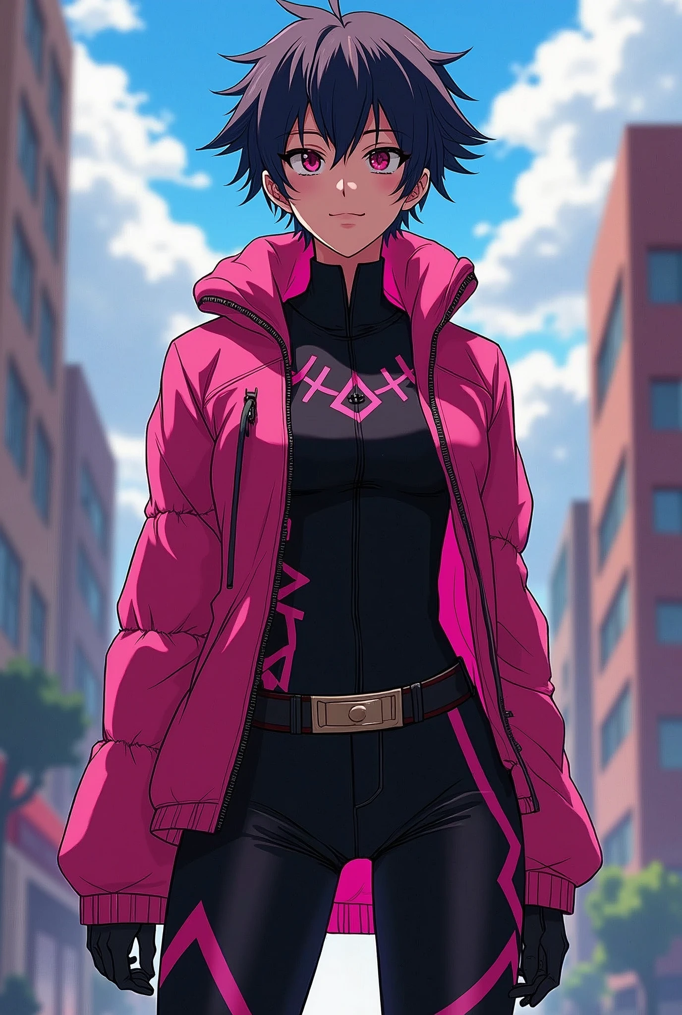 Create a clothing design in the style of Boku no Hero Academia with a black and pink color palette.