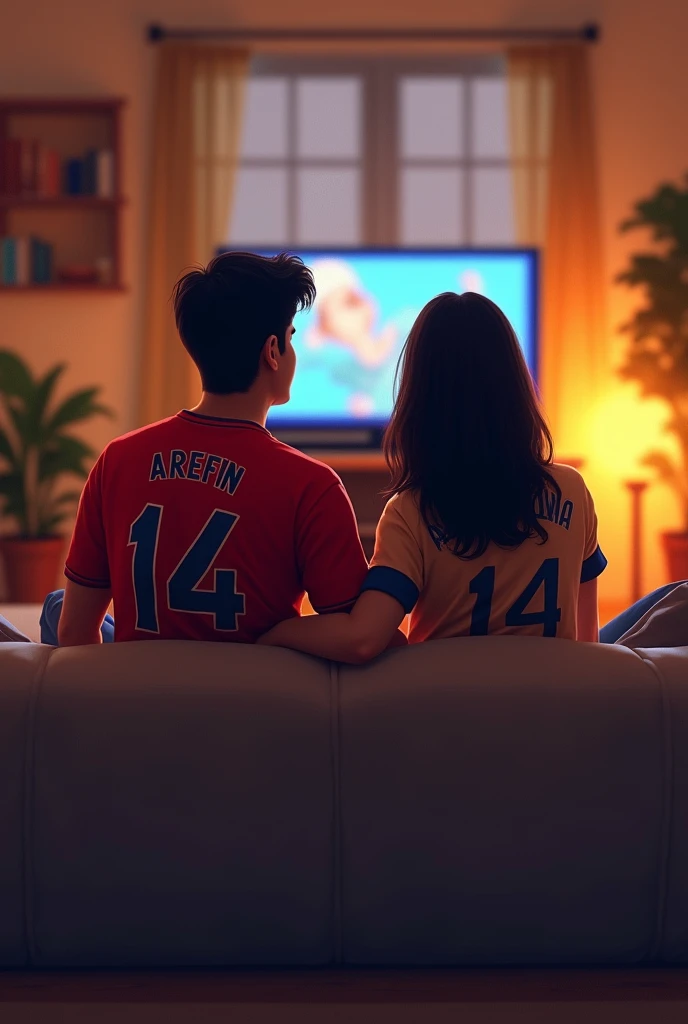 A couple watch television, the name is Arefin and the girl name is Mithila. They are wearing a jersy which number is. 14
Print the name and jersy number