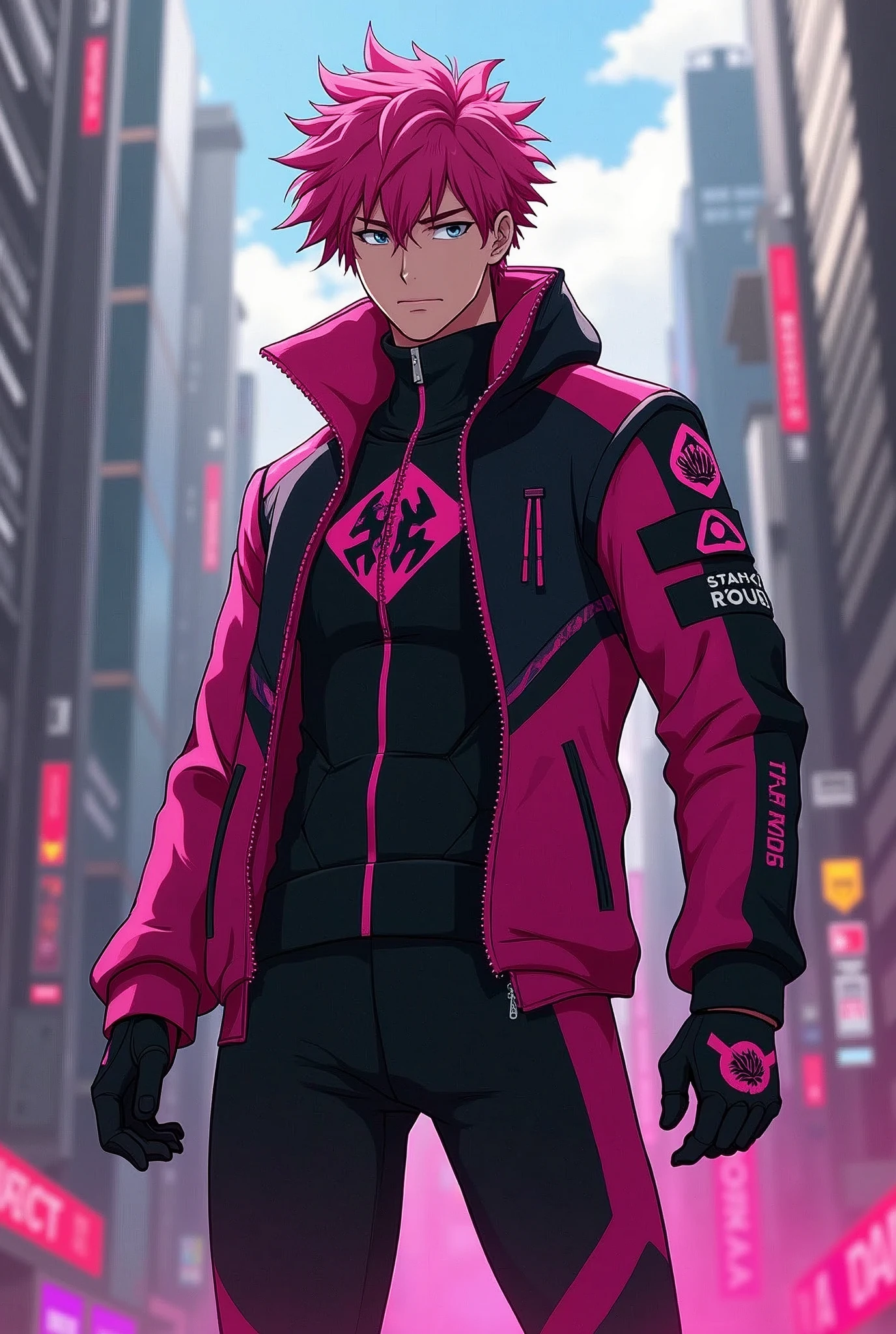 Create a clothing design in the style of Boku no Hero Academia with a black and pink color palette.