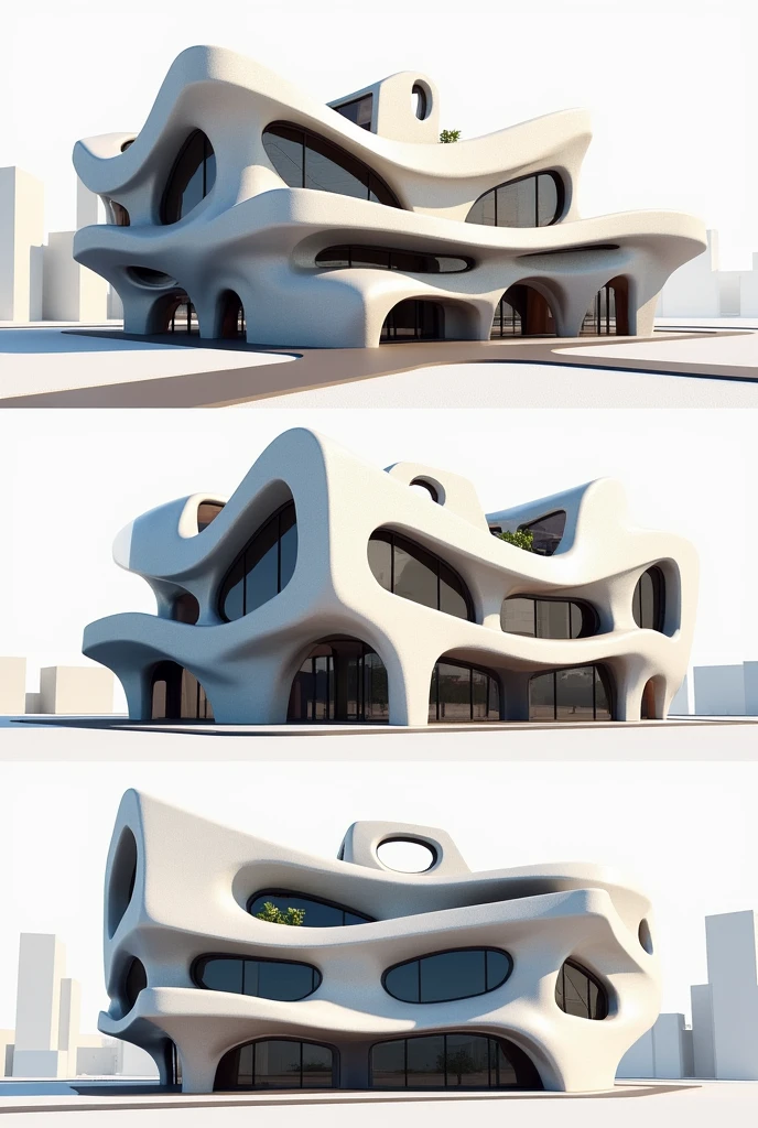 Create 4 architectural facades of a 2-level building based on the characteristics of architect Frank Gehry 
