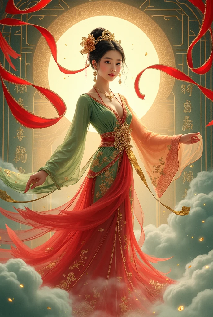 Dunhuang flying art，A Chinese girl wearing a sheer dress，Wearing a Chinese headdress，Clothing color is red、green、Gold tricolor，Ribbons are flying in the air，Lucky clouds in front，Grotto art background in the back，Gold line outline，Clarity、mystery，illustration、poster，High-resolution