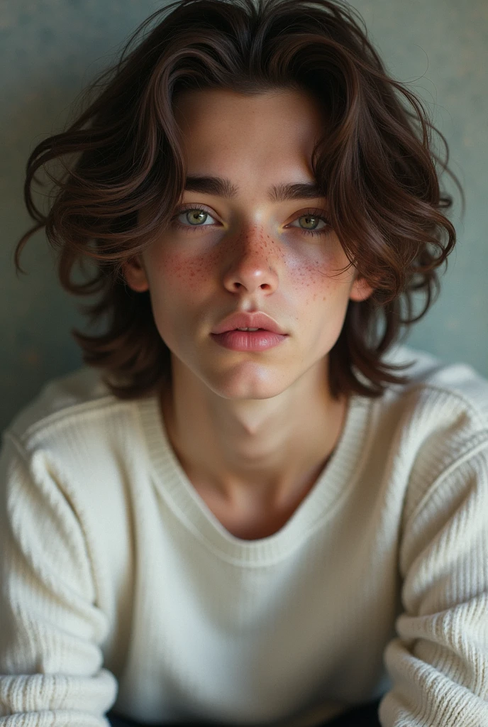 Boy, Olive brownish skin, Italian descendants, cute, beautiful, strikingly attractive, green eyes and intense, soft pink lips naturally shaped, long, mid-length wavy brown hair, gentle curls, slender build, freckles around the nose, quiet, mysterious, shy, teenager, , skinny body, wearing a cute white sweater, , young, skinny arms, a boy, black jeans stylish, realistic