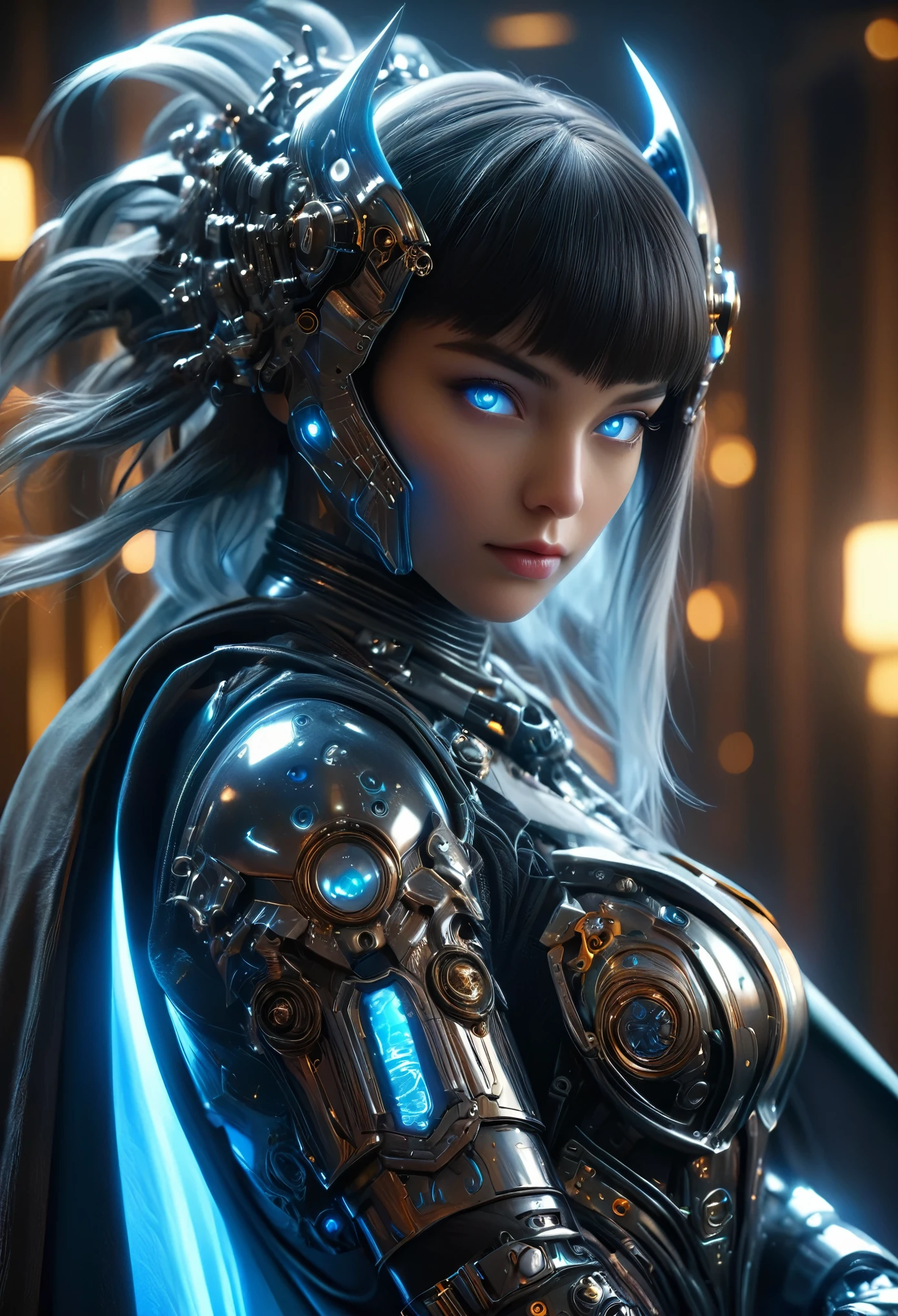 A futuristic steampunk girl, detailed face, beautiful eyes, longeyelashes, detailed lips, intricate cybernetic enhancements, planetary colony, alien civilizations, futuristic city, advertising holograms, cyborgs, cinematic lighting, moody colors, dramatic shadows, ultra-detailed, 8k, photorealistic, masterpiece