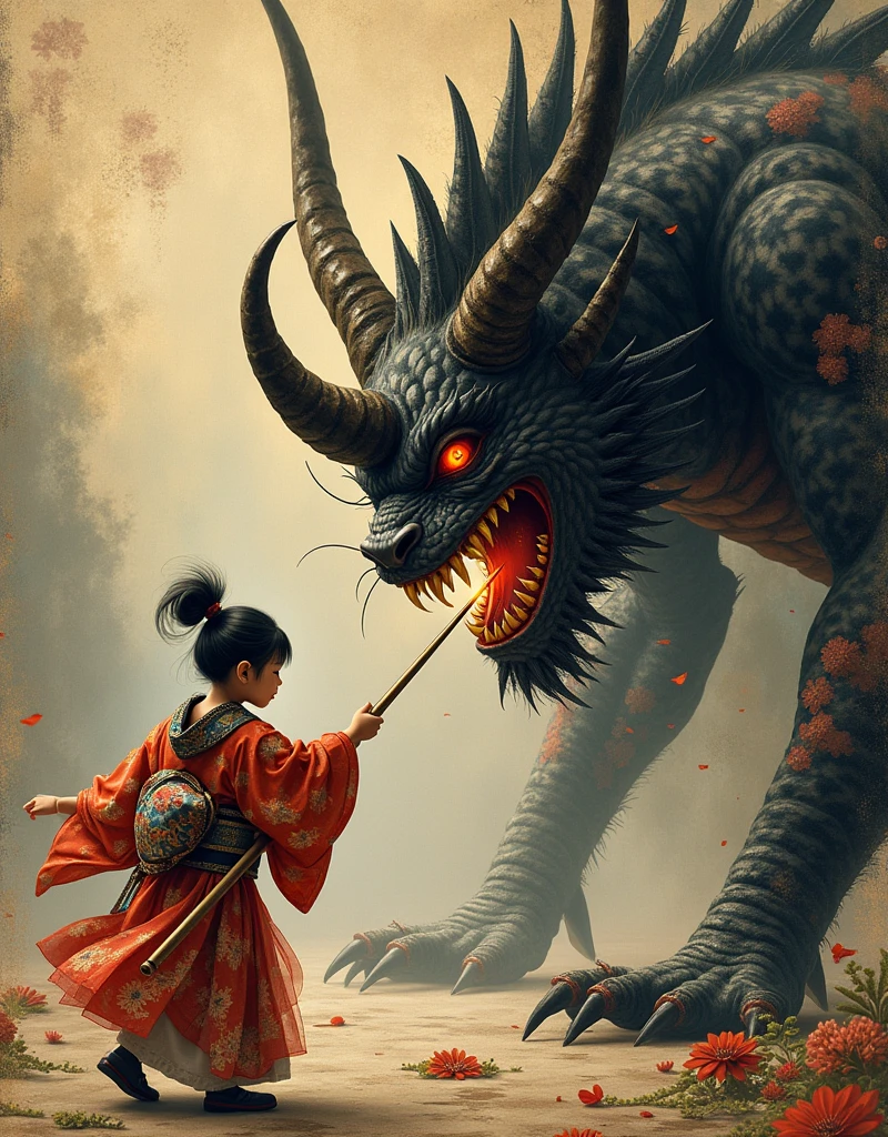 A beautifully detailed Japanese folklore painting, a tiny warrior in traditional Japanese kimono holding an oversized sewing needle, defeating a demon, highly detailed, intricate, ukiyo-e style, vibrant colors, dramatic lighting, masterpiece, 8k, realistic, photo-realistic