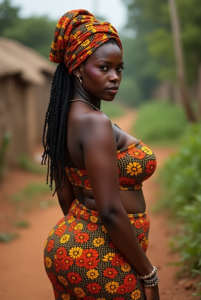 rural Ghanaian woman in traditional dress, sexy cleavage, beautiful, head wrapped in traditional Ghanaian scarf, posing for photo, back facing viewer, very big breasts, big butt, sexy pose, detailed expression, full body (1.2)