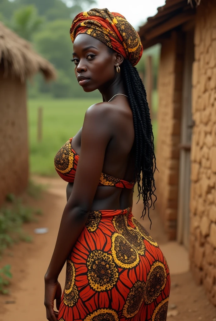 rural Ghanaian woman in traditional dress, sexy cleavage, beautiful, head wrapped in traditional Ghanaian scarf, posing for photo, back facing viewer, very big breasts, big butt, sexy pose, detailed expression, full body (1.2)