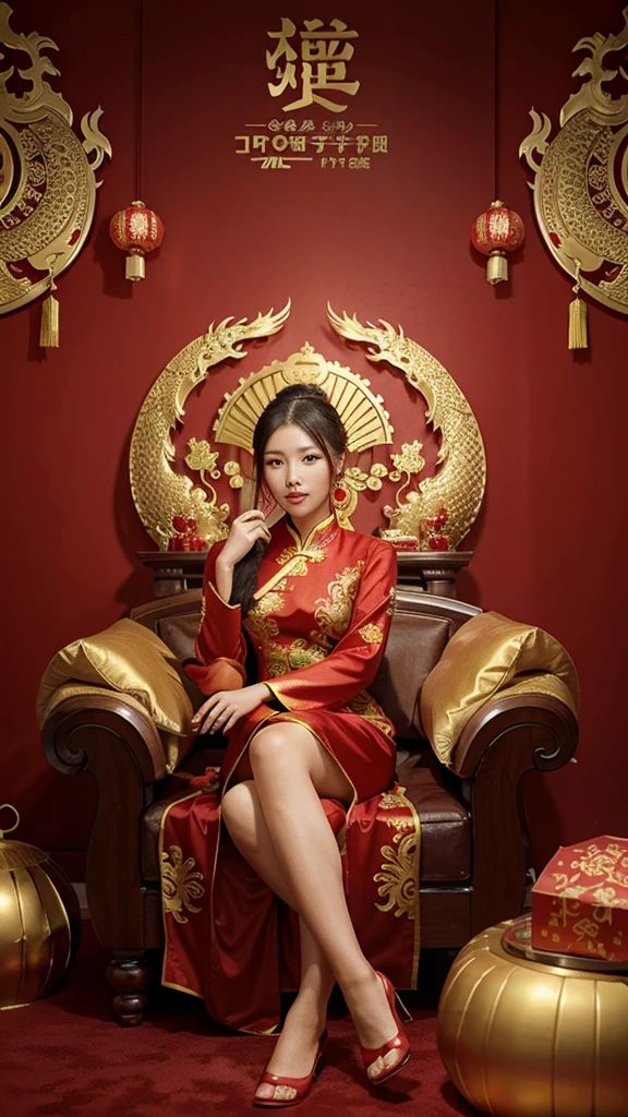 A beautiful charming Chinese woman in traditional red attire sitting in front of a golden dragon background, with elements related to mooncakes and an advertisement for a discount on products.