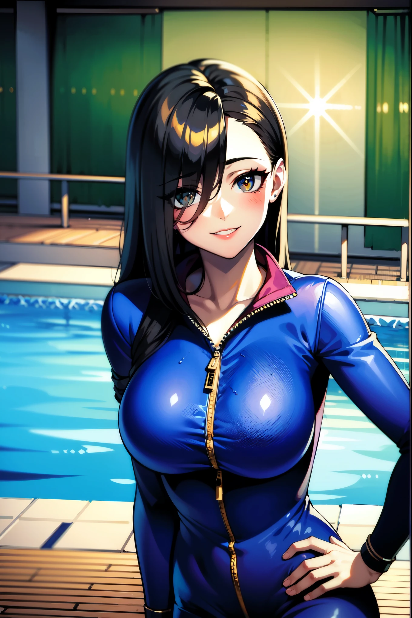 （（super high quality,Ultra-high resolution,4K,8k,super masterpiece,Ultra HD））,Large swimming pool,Poolside,Looking up from below,The blazing sun,One Girl,Upper body only,（（Glossy navy blue sweatsuit,Naked in a sweatsuit,（Large collar,Open collar,Tight collar）,A zipper that opens from the jawline to the chest,Fine zipper）,sexly）,Long straight black hair,Bangs cross over the forehead,Sharp Eye,Slanted eyes,Embarrassing,smile,soaked,Place one hand on hip,Put one hand on your head,Leaning forward greatly,