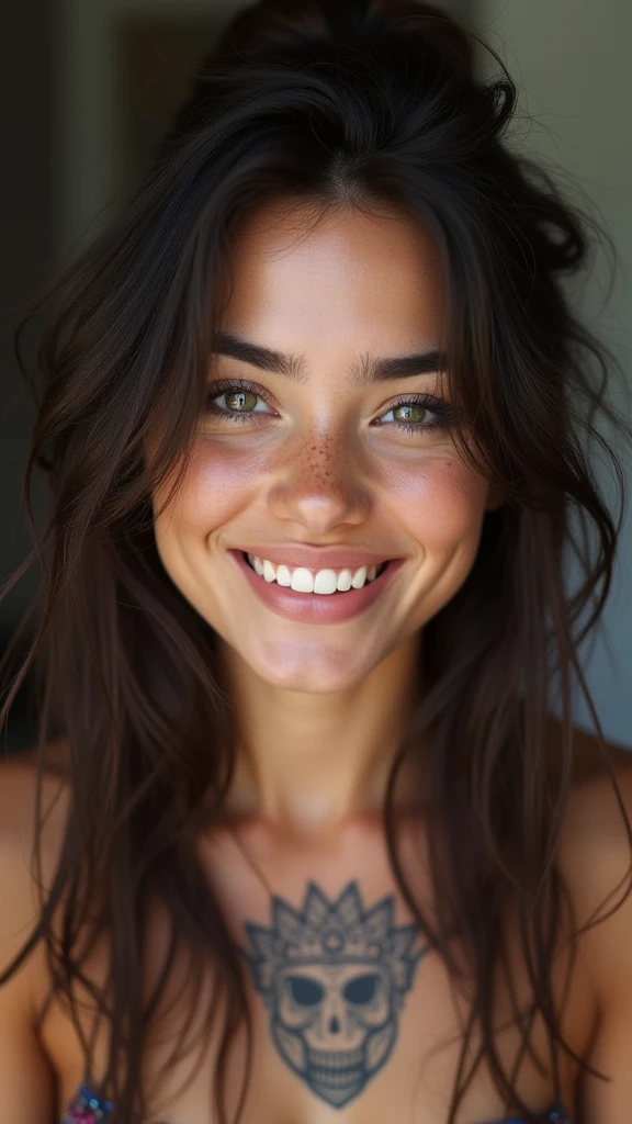 cute beautiful brunette, hispanic, fukk body, perfect angle, very detailed, 25 years old, flirty face, messy long hair, green eyes, high-res, masterpiece, best quality, intricate details, highly detailed, sharp focus, detailed skin, realistic skin texture, detailed eyes, professional, 4K, smile, shot on Canon, tatoo