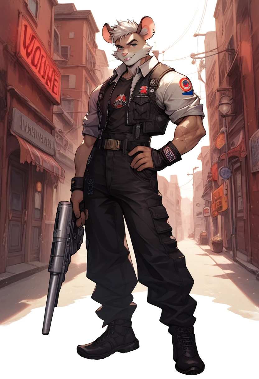 a anthropomorphic furry white mouse,mice buff,muscular man wearing a biker outfit,scars,Biker mice from mars,veteran,Vinnie,thick,young ,90’s style. He’s androgynous,spiky hair,equipped with some firearms weapons and a sensual ,cool expression,full body.The scene has a cool,sweet,sexual,samurai style and a vibrant tone.industrial setting in the background